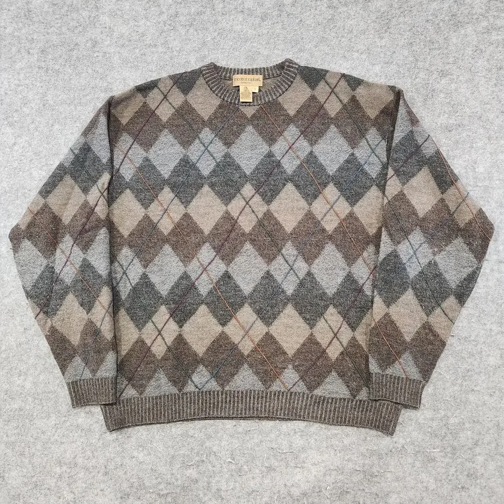 VTG Tricots St Raphael Mens L Large Pure‎ New Wool Knit Crewneck Argyle Sweater